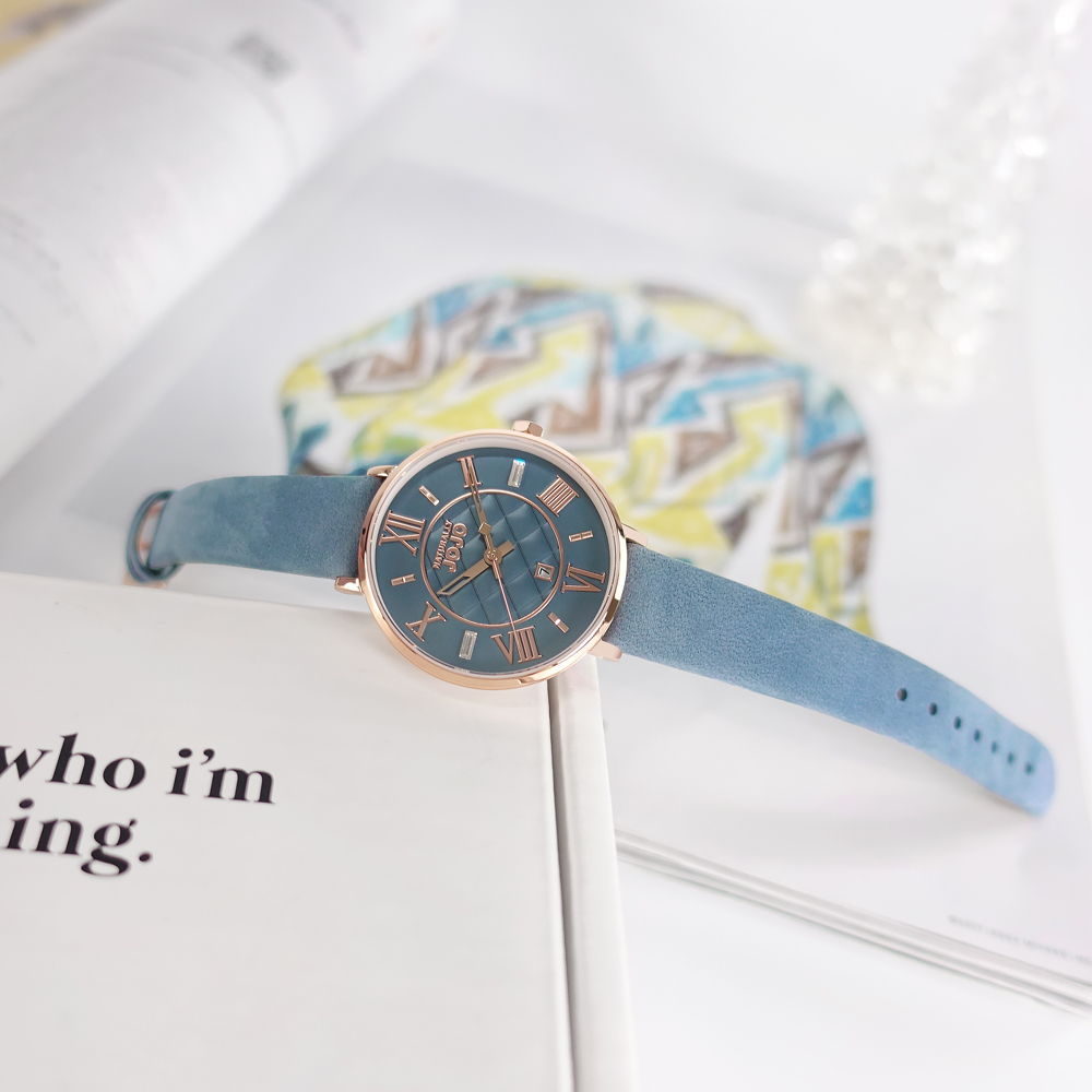 NATURALLY JOJO / JO96993-55R / 莫蘭迪色系藍寶石水晶玻璃菱格紋日期真皮手錶藍x玫瑰金34mm
