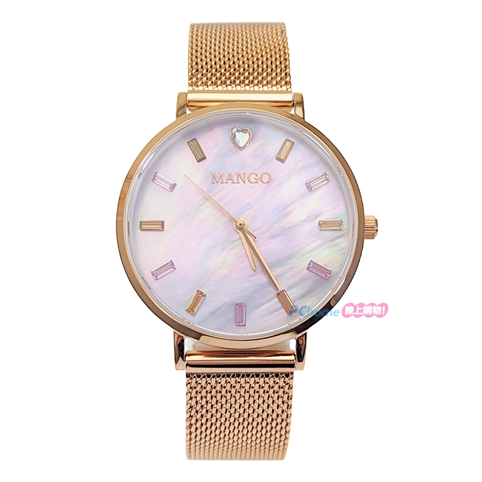 【MANGO】MA6770L-PK-H 繽紛鑽彩 珍珠貝面盤 藍寶石鏡面 米蘭錶帶女錶 粉/玫瑰金 36mm