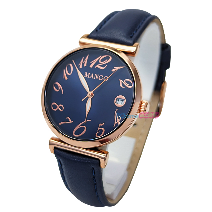 【MANGO】MA6738L-55R 數字 日期 藍寶石鏡面 皮錶帶女錶 藍/玫瑰金 34mm