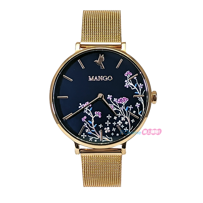 【MANGO】MA6767L-55R 彩繪花卉 藍寶石鏡面 米蘭錶帶女錶 丈青/玫瑰金 34mm