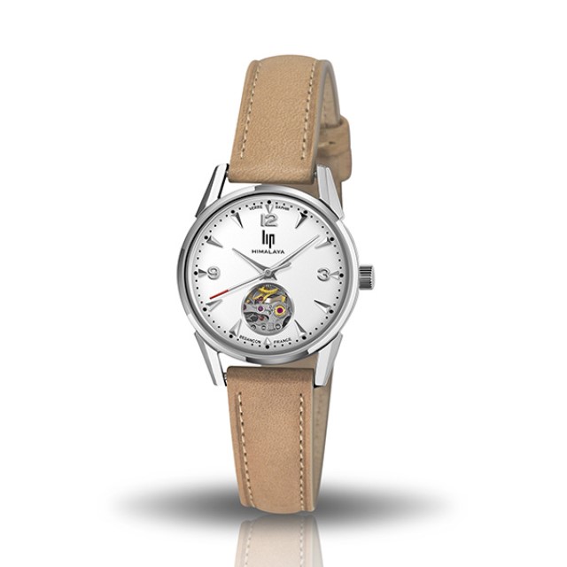 【lip】Himalaya時尚小巧真皮鏤空機械腕錶-卡其棕/671604