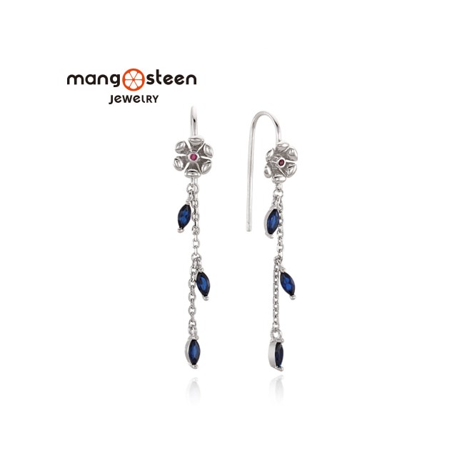 【Mango steen】Earrings韓國夢境花園時尚S925純銀花型垂墜飾耳環-寶石藍/MJ0005S-EWRBL