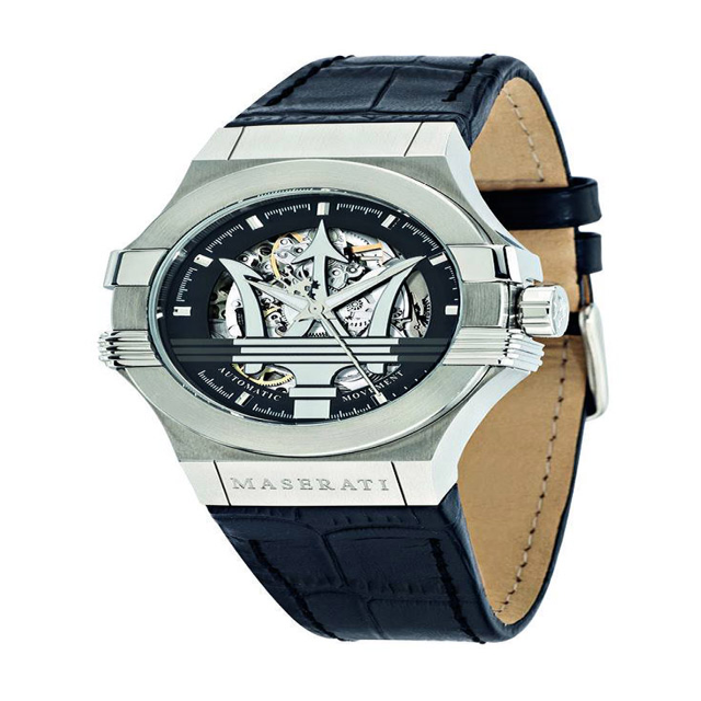 【Maserati 瑪莎拉蒂】POTENZA 經典LOGO鏤空機械腕錶-黑銀款/R8821108001