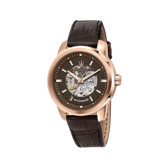 【Maserati 瑪莎拉蒂】SUCCESSO鏤空格紋玫瑰金機械腕錶-復古棕/R8821121001