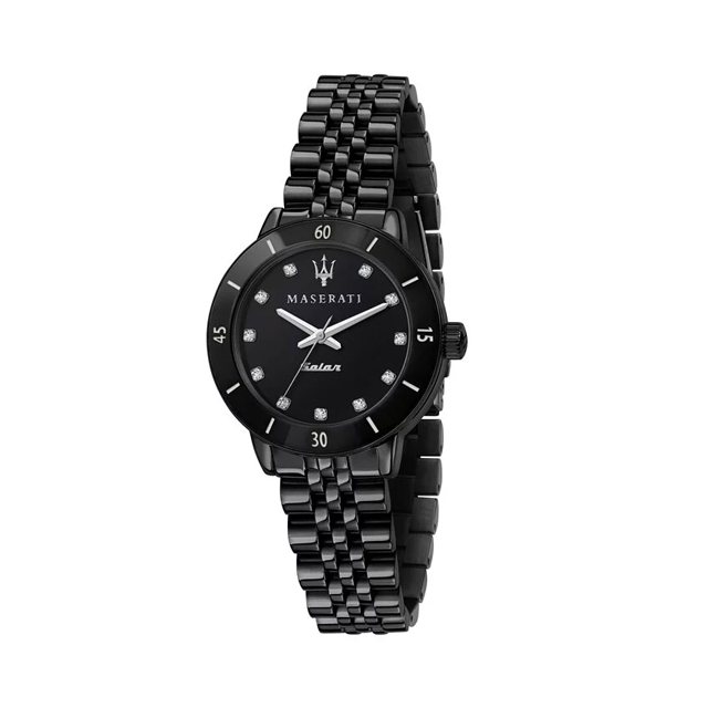 【Maserati 瑪莎拉蒂】SUCCESSO LADY 光動能晶鑽時標優雅鋼帶腕錶-極淨黑/R8853145501