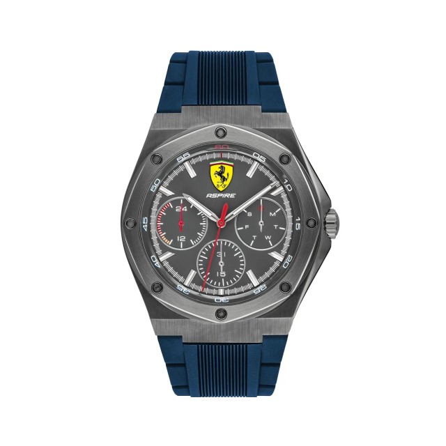 【Ferrari 法拉利】ASPIRE三環日曆競速賽車鋼帶腕錶-鐵灰藍/FA0830604