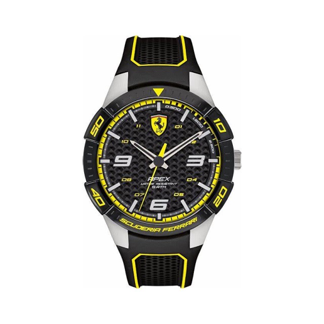 【Ferrari 法拉利】APEX碳纖維元素錶盤設計時尚橡膠腕錶-低調黃/FA0830631