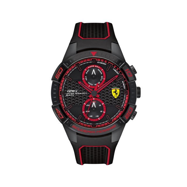 【Ferrari 法拉利】APEX碳纖維元素錶盤設計雙圈橡膠腕錶-低調紅/FA0830634