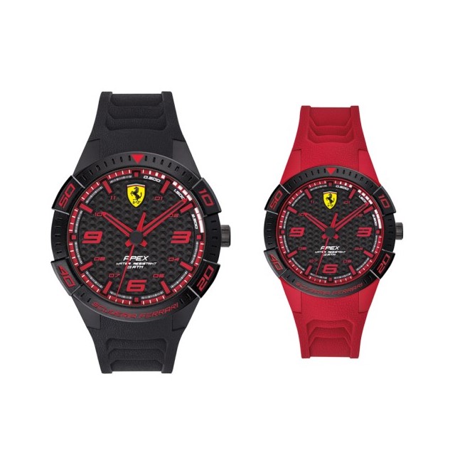 【Ferrari 法拉利】 APEX碳纖維元素錶盤設計時尚橡膠對錶套組-紅x黑/FA0870044