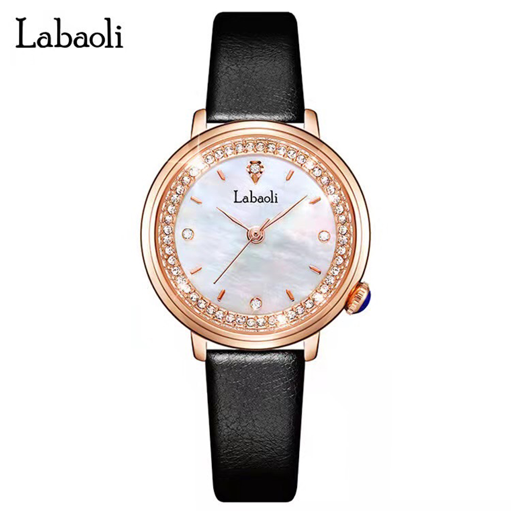 Labaoli 奧地利精品娜寶麗 LA129 氣質優雅絢麗晶鑽質感皮帶名媛腕錶 - 黑色