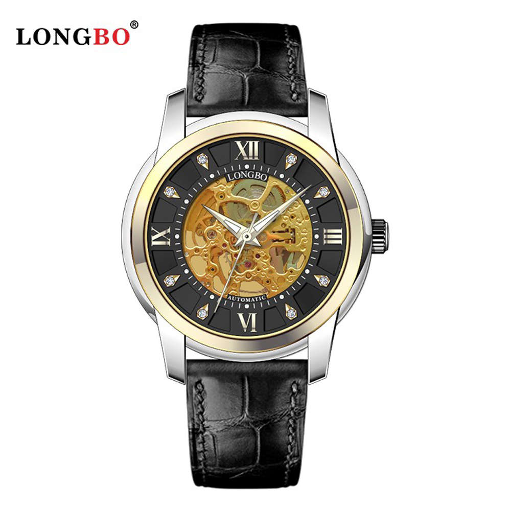 美國時尚品牌LB機械錶 83208 鏤空設計簡約羅馬字男士機械皮帶錶 - 金黑 黑皮