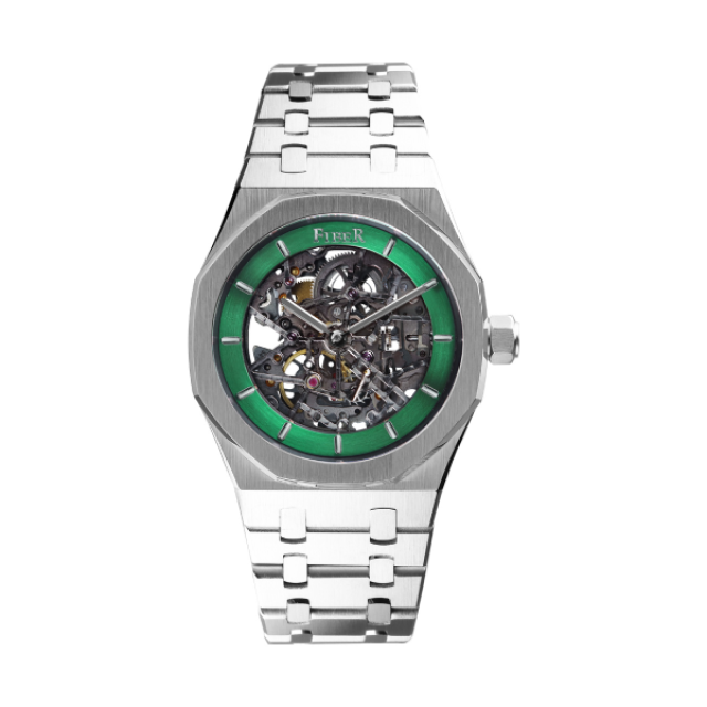【FIBER】競速先鋒系列銀鋼骨雕鏤空多層次透視機械腕錶-森林綠/FB8017-2-07