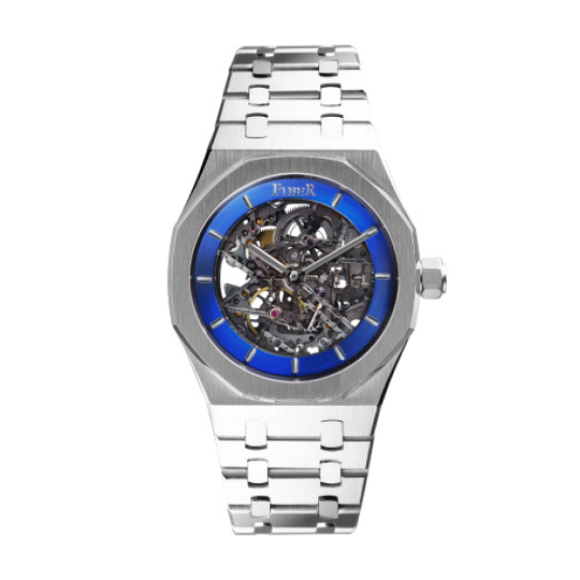 【FIBER】競速先鋒系列銀鋼骨雕鏤空多層次透視機械腕錶-深海藍/FB8017-2-06