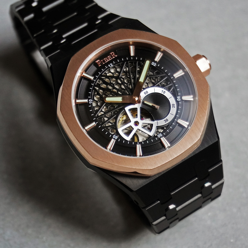 FIBER 法柏 競速先鋒系列 鏤空機械腕錶-黑×玫瑰金/41mm FB8017-1-02