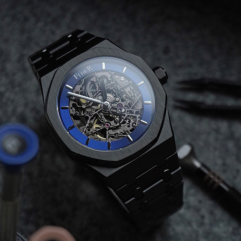 FIBER 法柏 競速先鋒系列 骨雕鏤空機械腕錶-黑鋼藍 FB8017-2-02