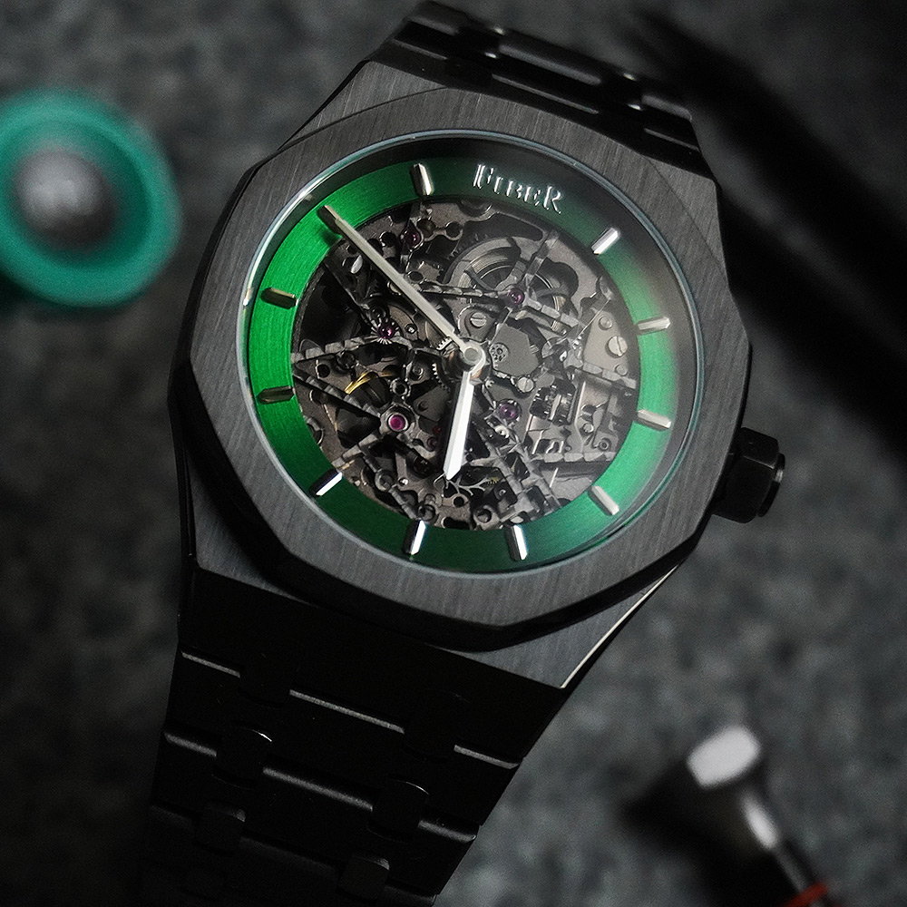 FIBER 法柏 競速先鋒系列 骨雕鏤空機械腕錶-黑鋼綠 FB8017-2-03