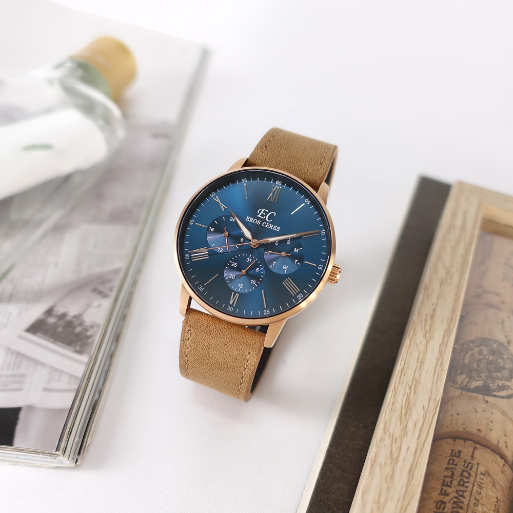 EROS CERES / GQ64323RG-BU / 羅馬刻度藍寶石水晶玻璃日期星期真皮手錶 藍x玫瑰金框x棕 43mm