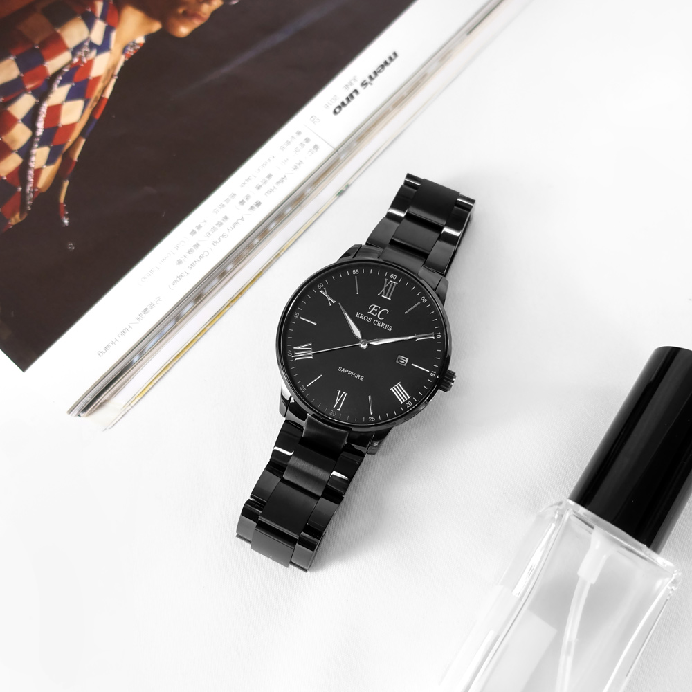 EROS CERES / GQ34328BK-BK / 羅馬刻度藍寶石水晶玻璃日期不鏽鋼手錶 鍍黑 43mm