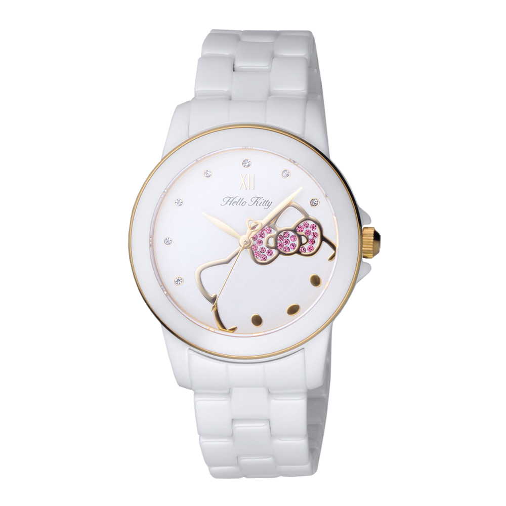 HELLO KITTY 花園迷藏時尚陶瓷腕錶-金x白
