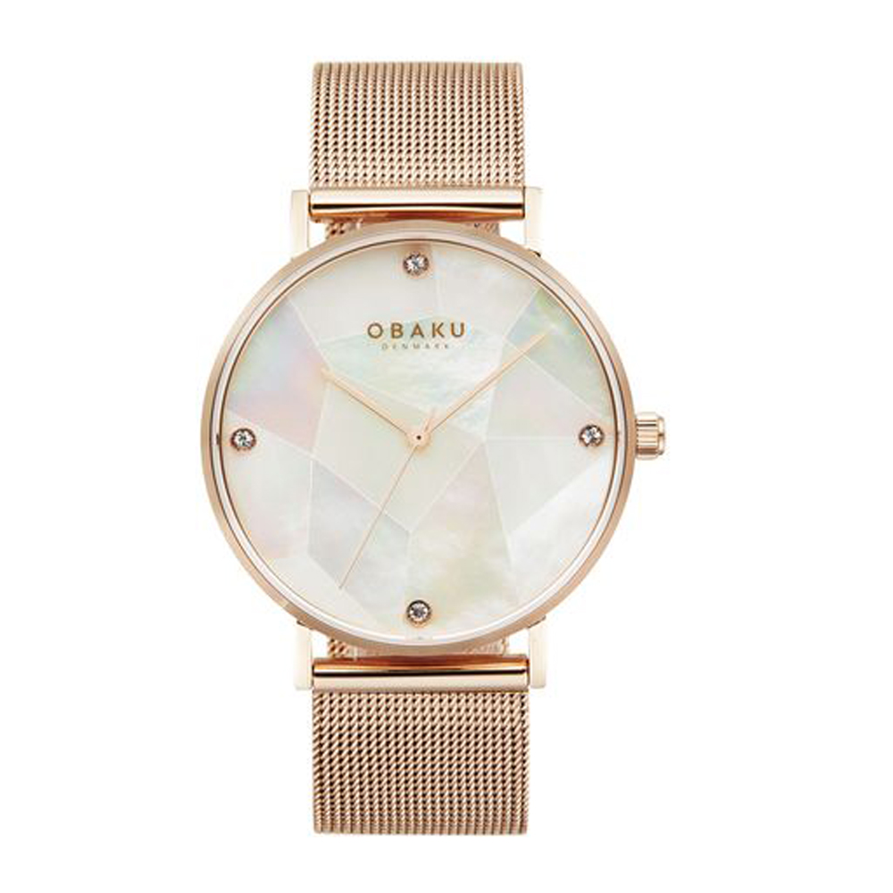 OBAKU 菱形幾何晶鑽米蘭時尚腕錶-玫瑰金X白貝