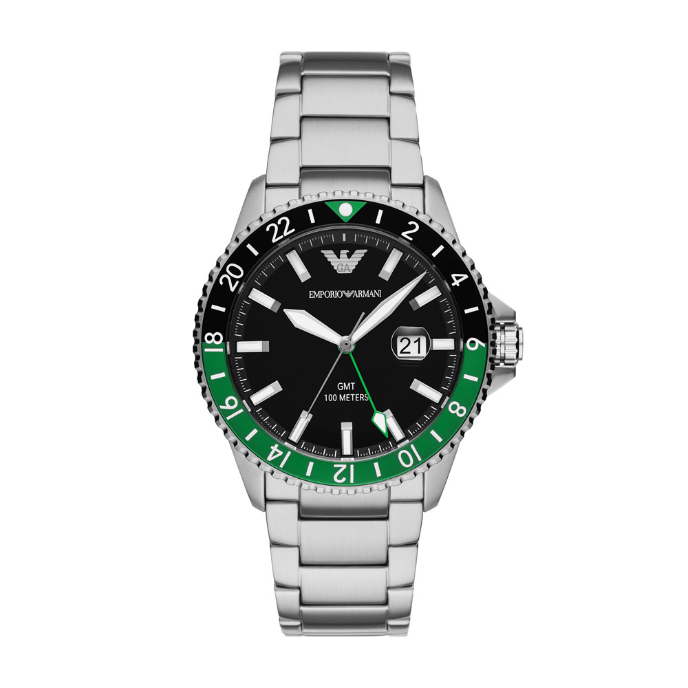 EMPORIO ARMANI 機密特務GMT時尚腕錶-銀X黑綠