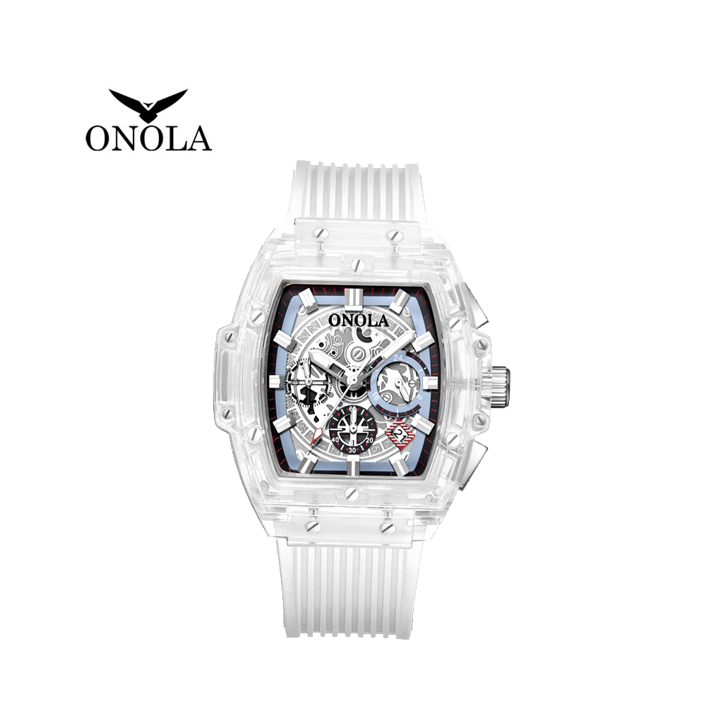 ONOLA 義大利品牌 限量版白色透明方框運動男錶-ON6811