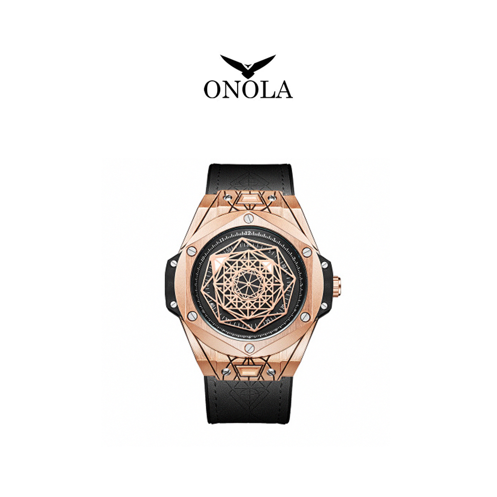 ONOLA 義大利品牌 帥氣玫黑萬花筒男士石英腕錶-ON3810