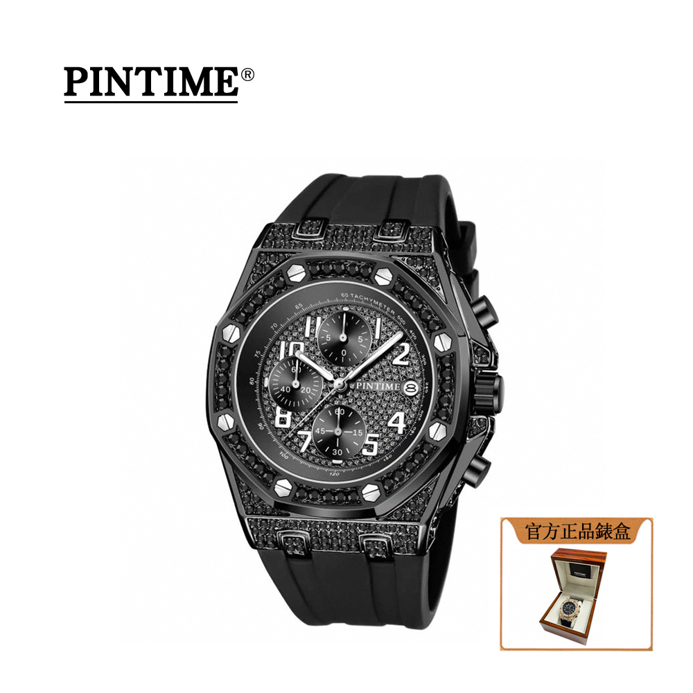 法國皇室御用鐘錶品牌 PTIME保時 尊爵滿鑽三眼計時八角橡膠腕錶-PT2721