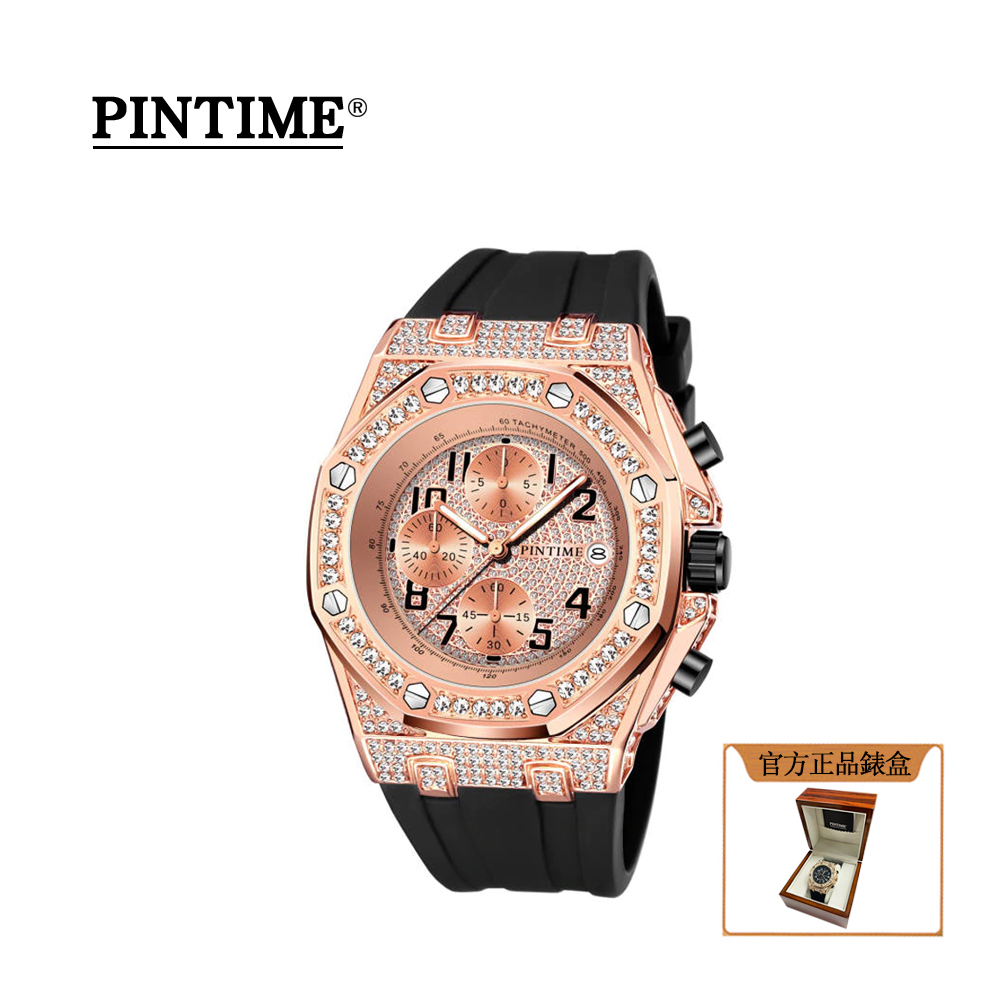 法國皇室御用鐘錶品牌 PTIME保時 尊爵滿鑽黑玫三眼計時八角橡膠腕錶-PT2721