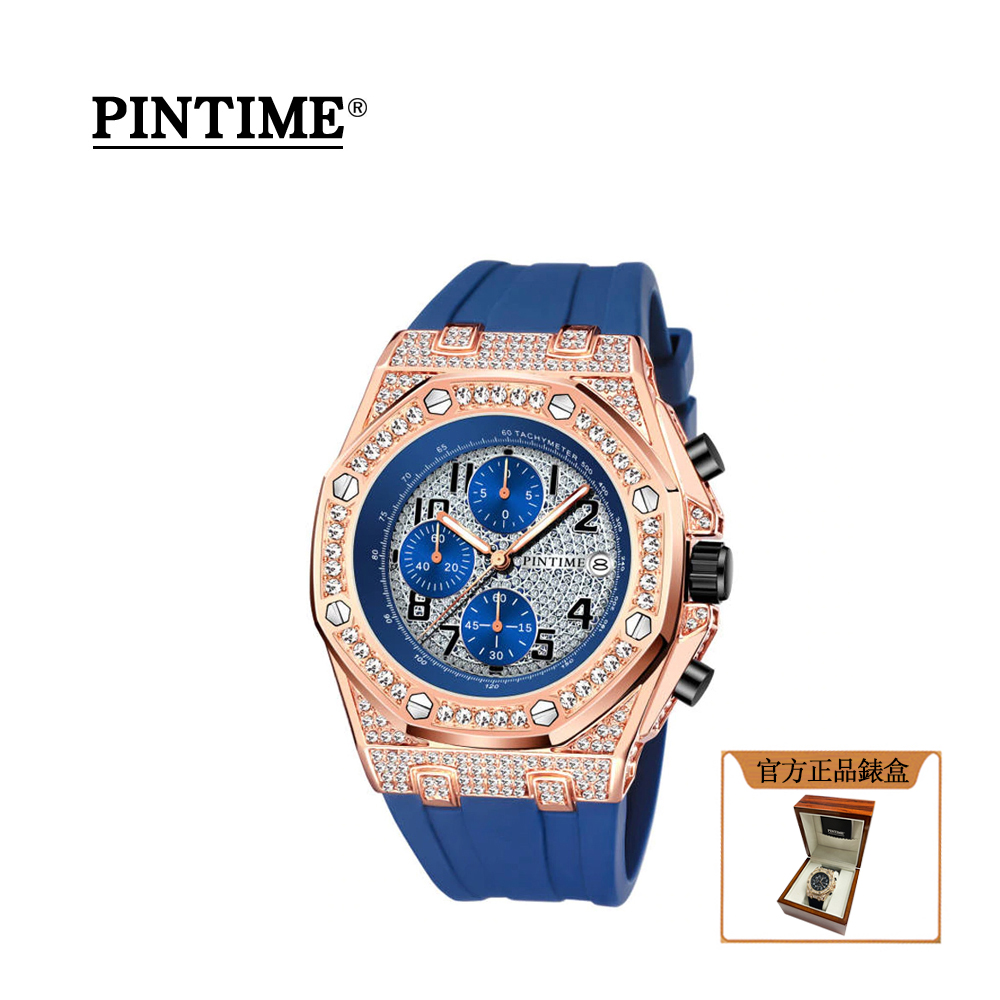 法國皇室御用鐘錶品牌 PTIME保時 尊爵滿鑽藍玫三眼計時八角橡膠腕錶-PT2721