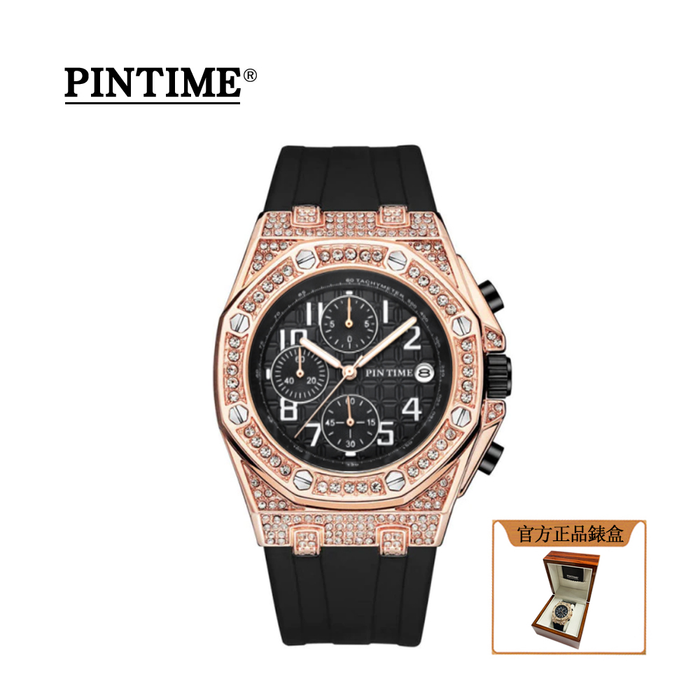 法國皇室御用鐘錶品牌 PTIME保時 尊爵鑲鑽玫黑錶殼三眼計時八角橡膠腕錶-PT2721