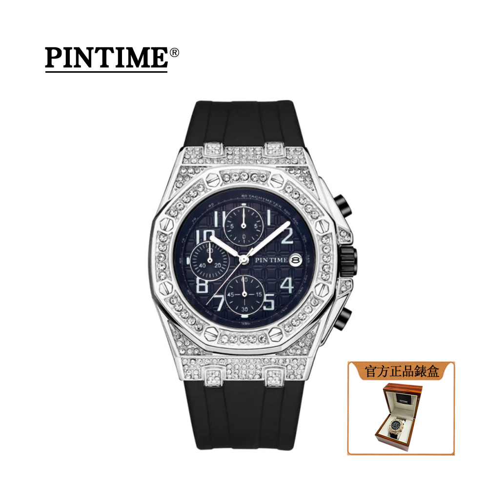 法國皇室御用鐘錶品牌 PTIME保時 尊爵鑲鑽銀黑錶殼三眼計時八角橡膠腕錶-PT2721