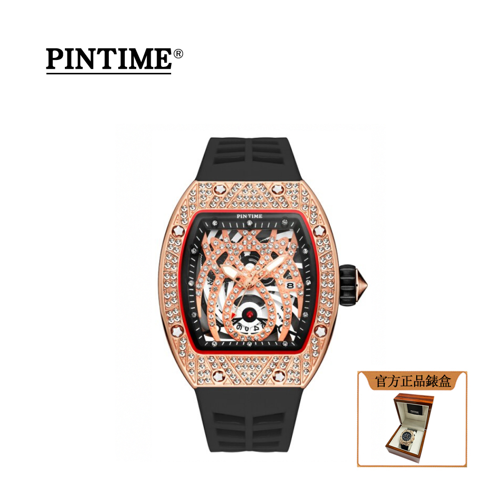 法國皇室御用鐘錶品牌 PTIME保時 霸氣酒桶造型玫黑理查德款橡膠腕錶-PT8101