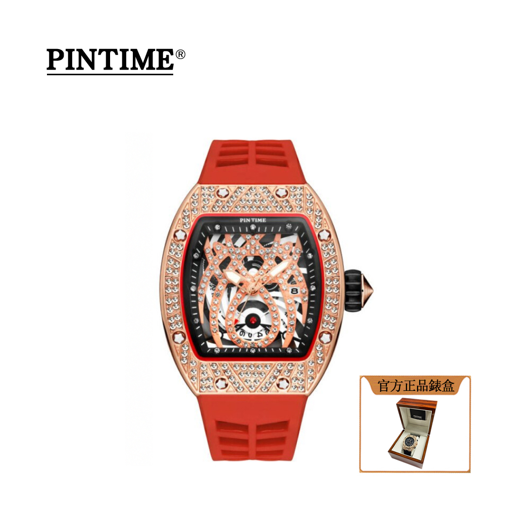法國皇室御用鐘錶品牌 PTIME保時 霸氣酒桶造型玫紅理查德款橡膠腕錶-PT8101