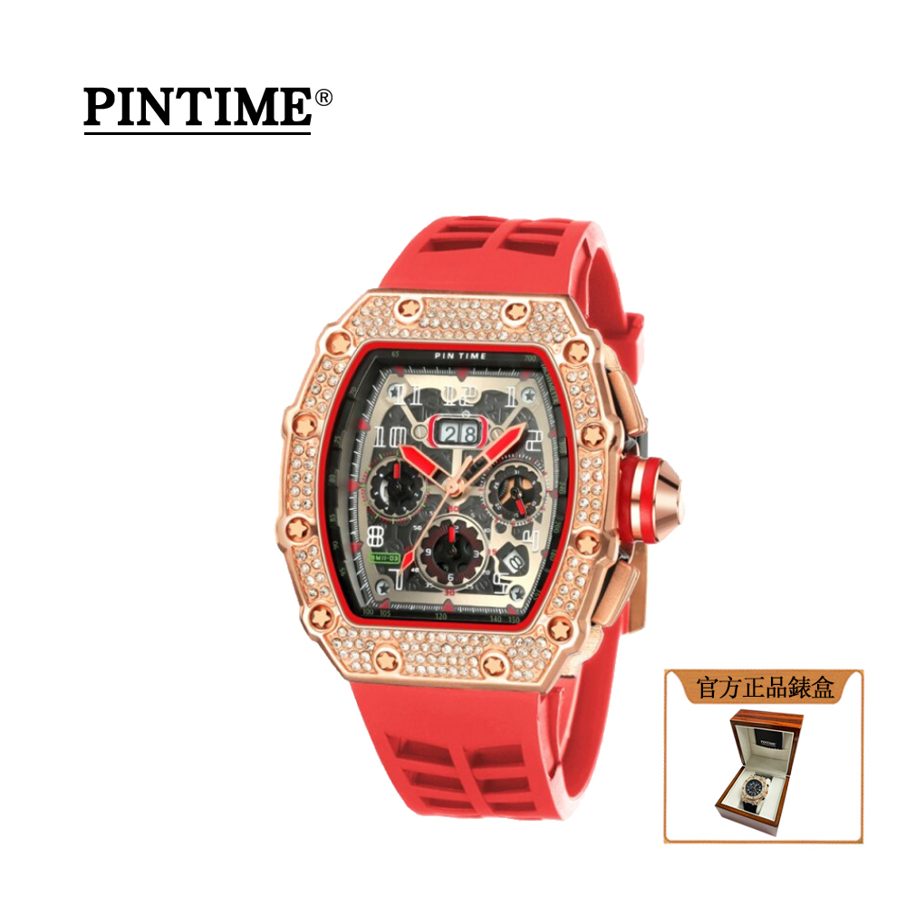 法國皇室御用鐘錶品牌 PTIME保時 霸氣酒桶造型玫紅理查德款橡膠腕錶-PT8110