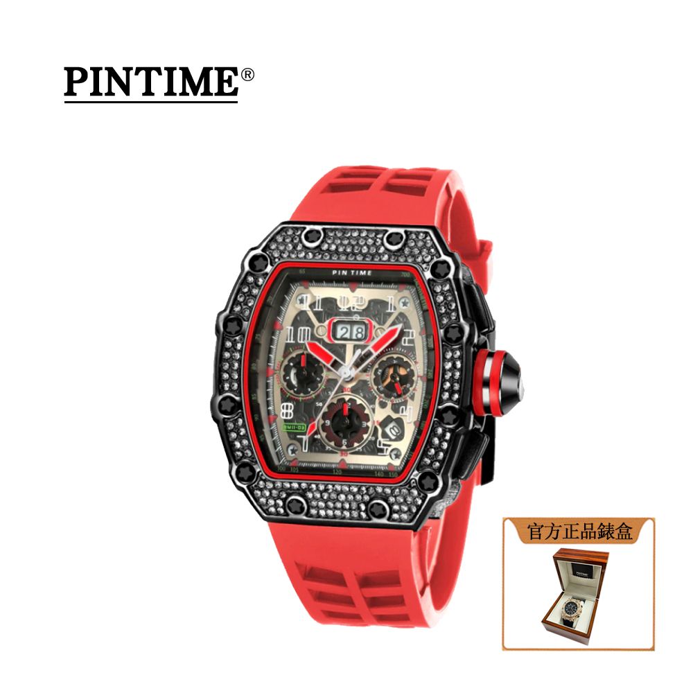 法國皇室御用鐘錶品牌 PTIME保時 霸氣酒桶造型黑紅理查德款橡膠腕錶-PT8110
