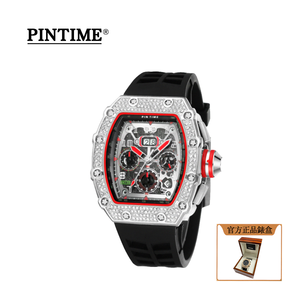 法國皇室御用鐘錶品牌 PTIME保時 霸氣酒桶造型銀黑理查德款橡膠腕錶-PT8110