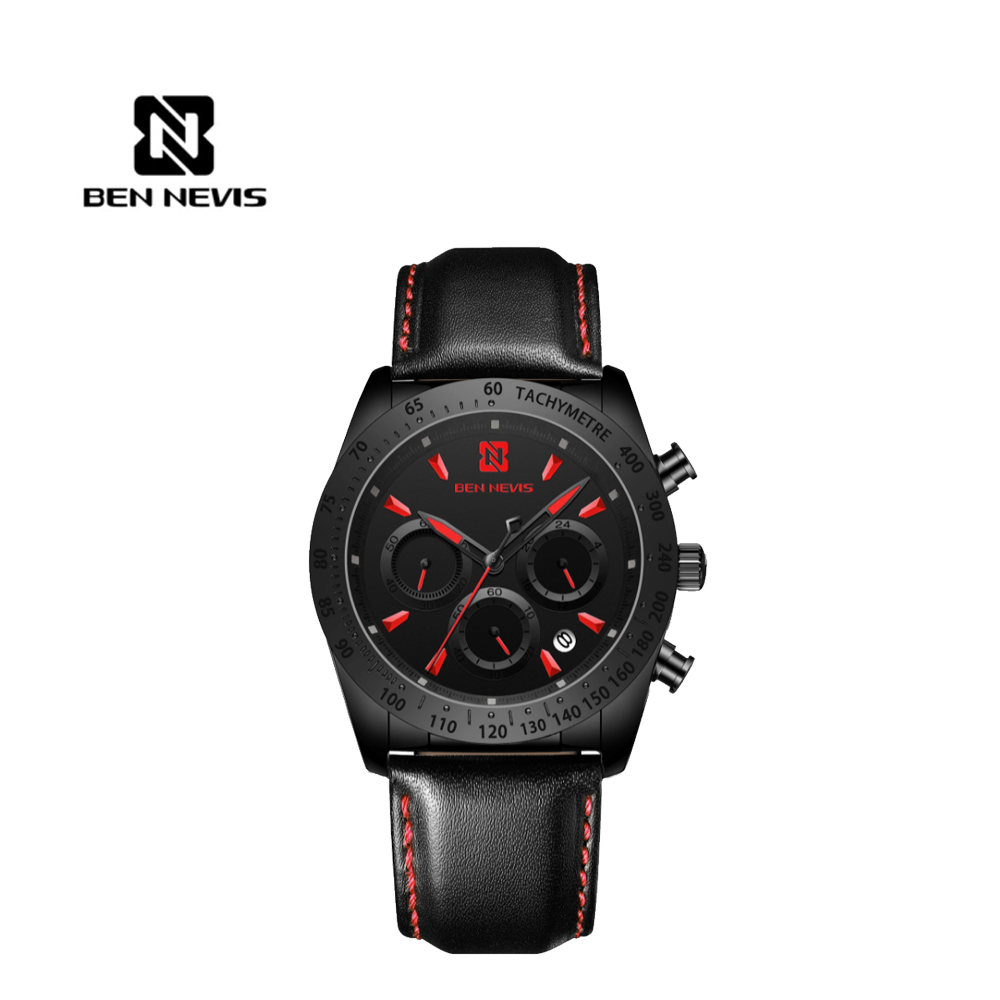 英國 BS班尼維斯 極簡時尚三眼計時黑紅真皮男士腕錶-6011
