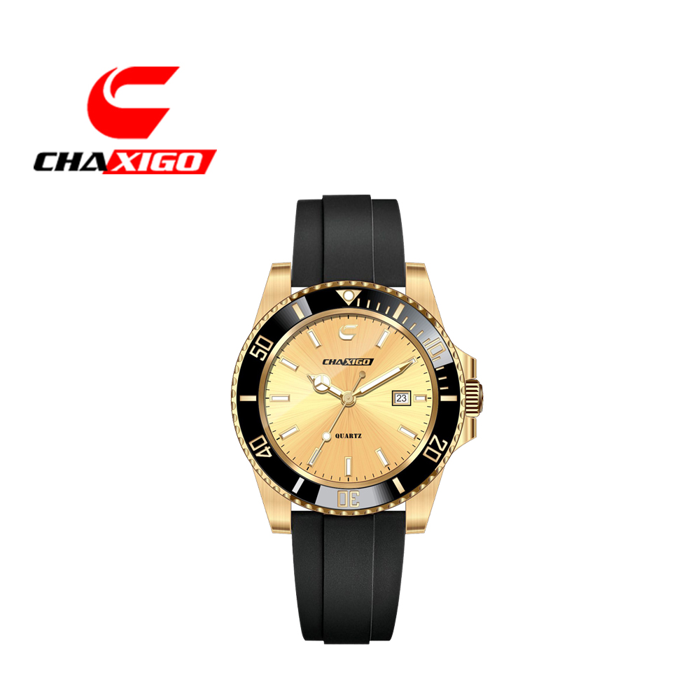 美國芝加哥品牌 喬格CHAXIGO 經典時尚日期窗水鬼橡膠時尚腕錶-金黑