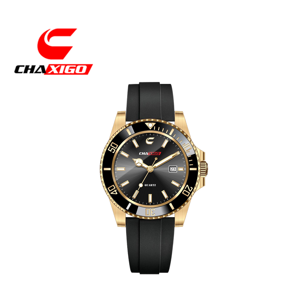 美國芝加哥品牌 喬格CHAXIGO 經典時尚日期窗水鬼橡膠時尚腕錶-金黑面