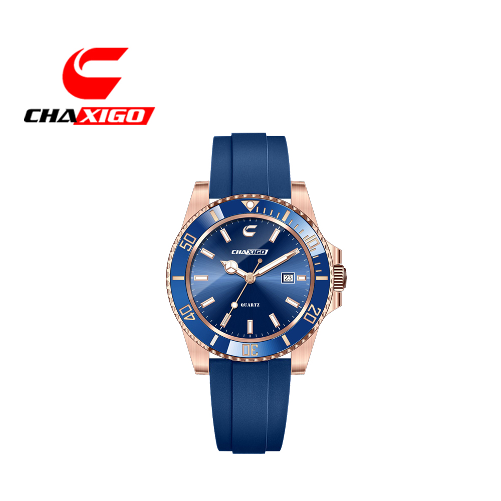 美國芝加哥品牌 喬格CHAXIGO 經典時尚日期窗水鬼橡膠時尚腕錶-玫藍