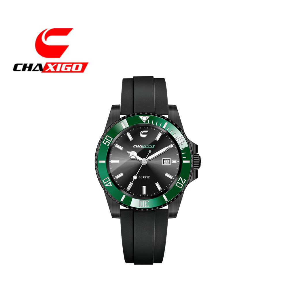 美國芝加哥品牌 喬格CHAXIGO 經典時尚日期窗水鬼橡膠時尚腕錶-黑綠