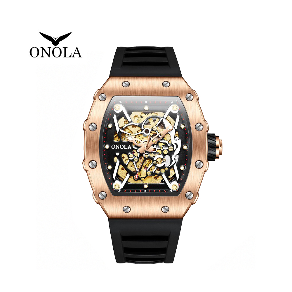 ONOLA 義大利品牌 玫黑鏤空設計酒桶造型個性時尚機械男錶-ON3829