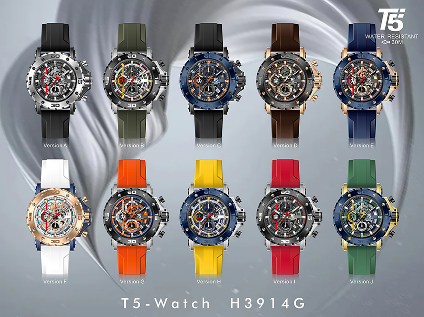 【T5】-H3914G-美國潮牌時尚流行表-厚圈口框造型真三眼石英-矽硅膠表帶手錶