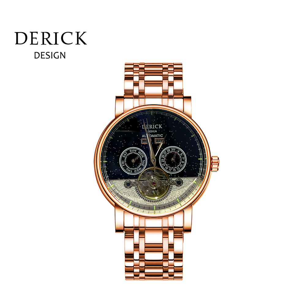 義大利品牌 德理克 DERICK群星閃爍簡約時尚自動上鍊機械玫鋼帶腕錶