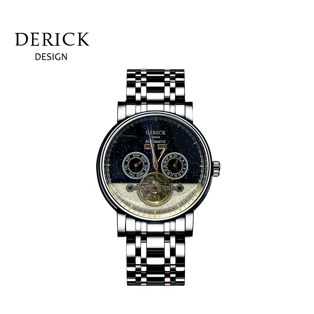 義大利品牌 德理克 DERICK群星閃爍簡約時尚自動上鍊機械黑鋼帶腕錶