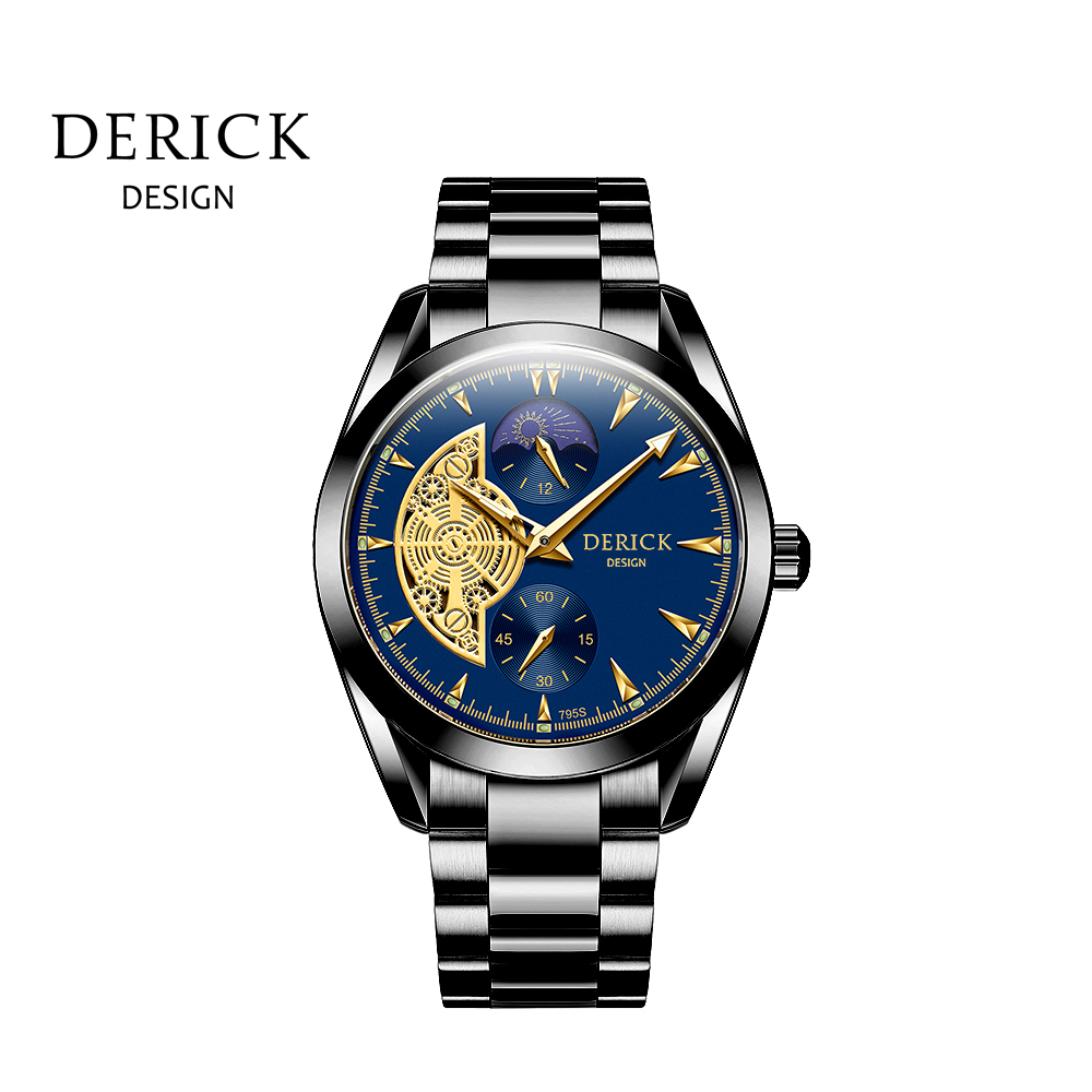 義大利品牌 德理克 DERICK精金百鍊簡約百搭自動上鍊機械深藍面黑鋼帶腕錶
