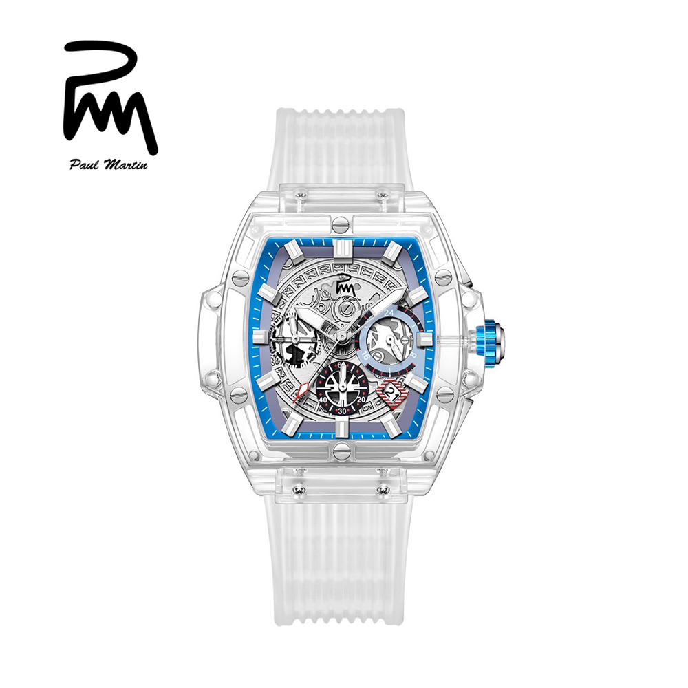 Paul Martin 保羅馬丁英國品牌酒桶型透明外框時尚潮流機械透明膠藍框腕錶