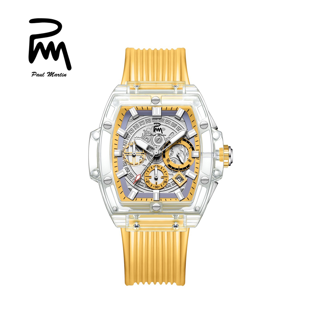 Paul Martin 保羅馬丁英國品牌酒桶型透明外框時尚潮流機械黃膠黃框腕錶