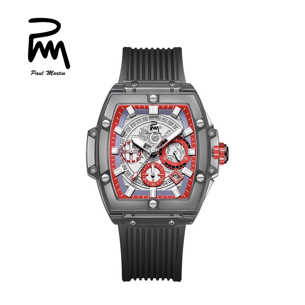 Paul Martin 保羅馬丁英國品牌酒桶型透明外框時尚潮流機械黑膠紅框腕錶